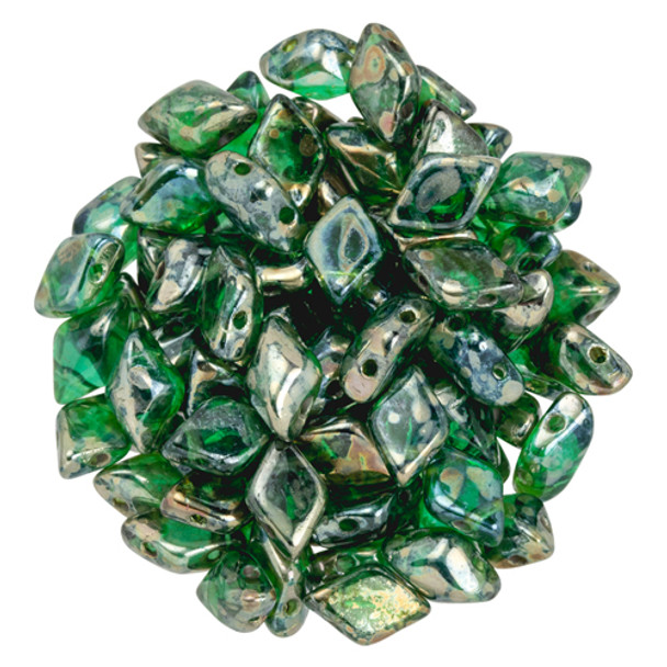 2-Hole GEMDUO 8x5mm Czech Glass Beads EMERALD REMBRANDT