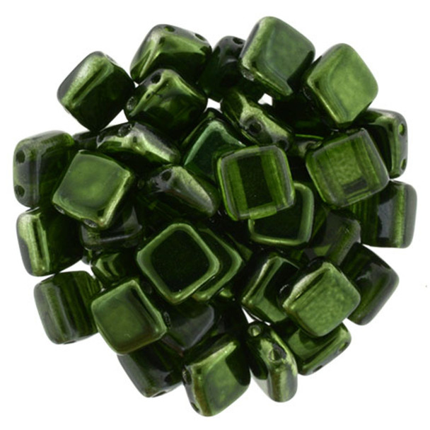 2-Hole TILE Beads 6mm CzechMates MIRROR FERN GREEN
