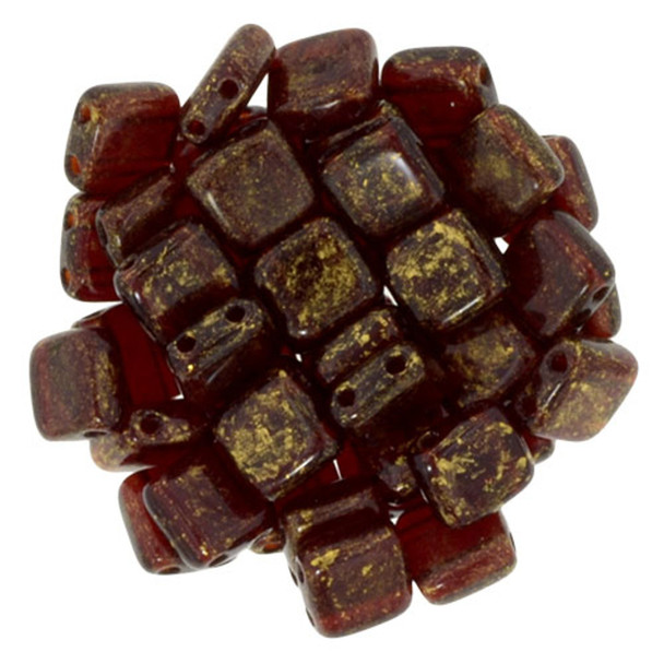 2-Hole TILE Beads 6mm CzechMates GOLD MARBLED RUBY
