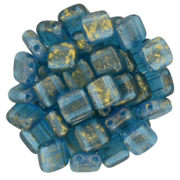 2-Hole TILE Beads 6mm CzechMates GOLD MARBLED CAPRI BLUE