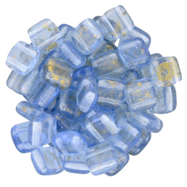 2-Hole TILE Beads 6mm CzechMates GOLD MARBLED LT SAPPHIRE