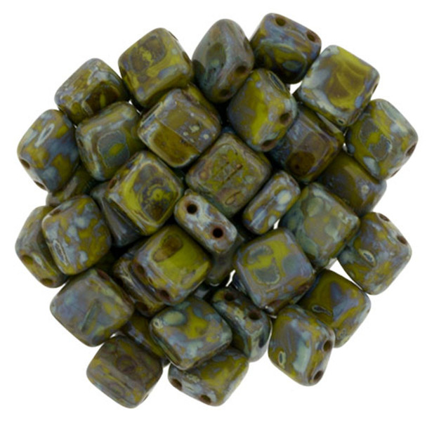 2-Hole TILE Beads 6mm CzechMates OPAQUE OLIVE PICASSO