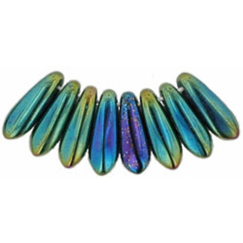 Czech Glass Dagger Beads 10x3mm IRIS GREEN