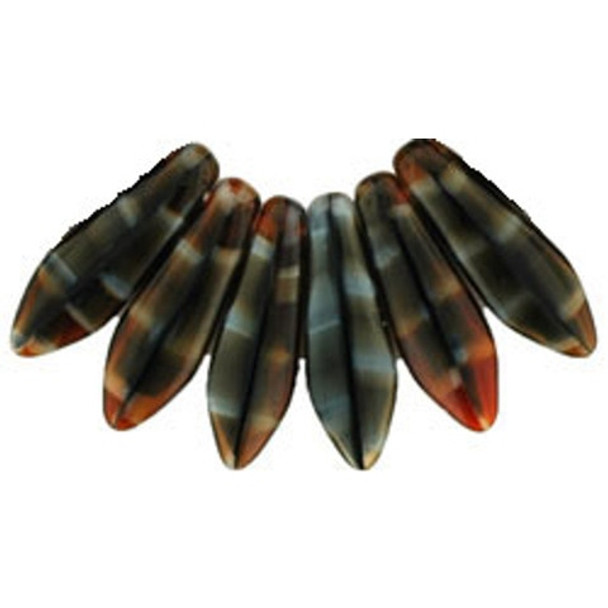 Czech Glass Dagger Beads 16x5mm STRIPE RED BLACK BROWN