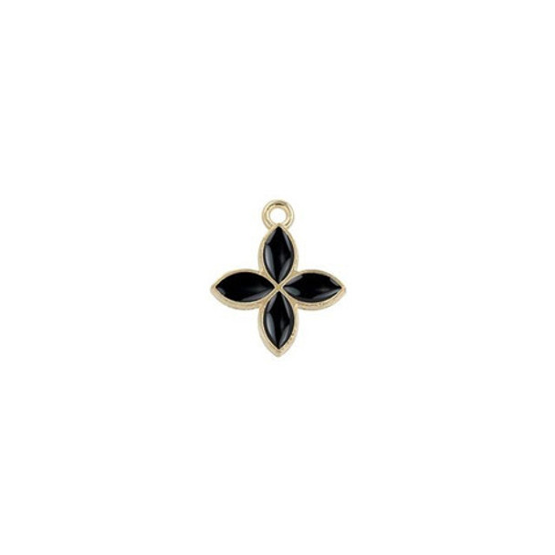 Charm-BLACK FOUR PETALS-15x18mm Enamel Plated