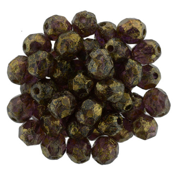 Firepolish 6mm Czech Glass Beads AMETHYST STONE COPPER PICASSO