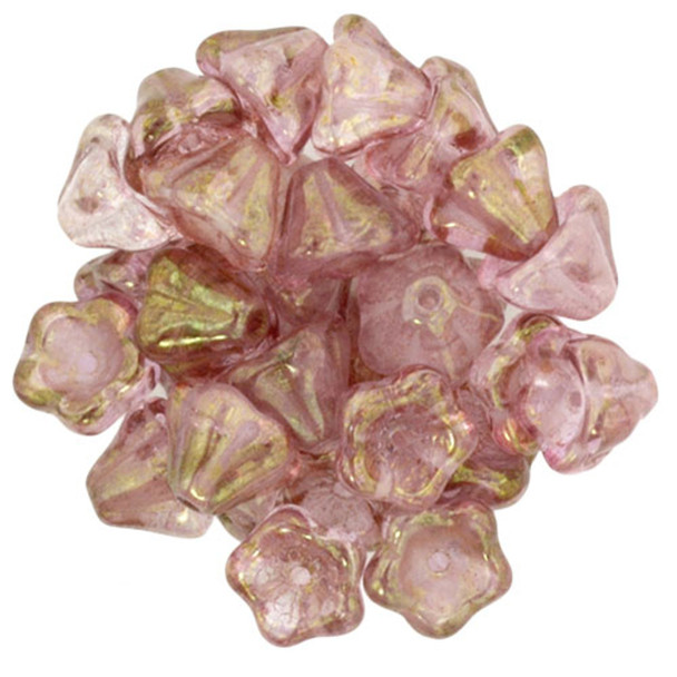 Bell Flower Czech Glass Beads 8x6mm GLOW IN THE DARK LUSTER TRANSPARENT TOPAZ PINK