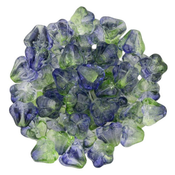 Baby Bell Flower Czech Glass Beads 6x4mm DUAL COATED BLUEBERRY GREEN TEA