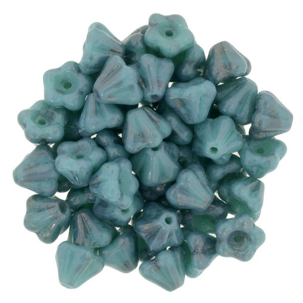Baby Bell Flower Czech Glass Beads 6x4mm LUSTER OPAQUE TURQUOISE