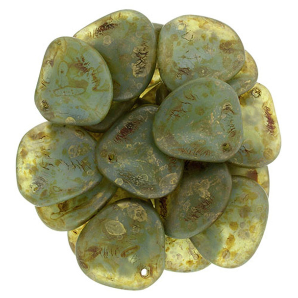 Rose Petal Czech Beads 14x13mm MILKY PERIDOT COPPER PICASSO