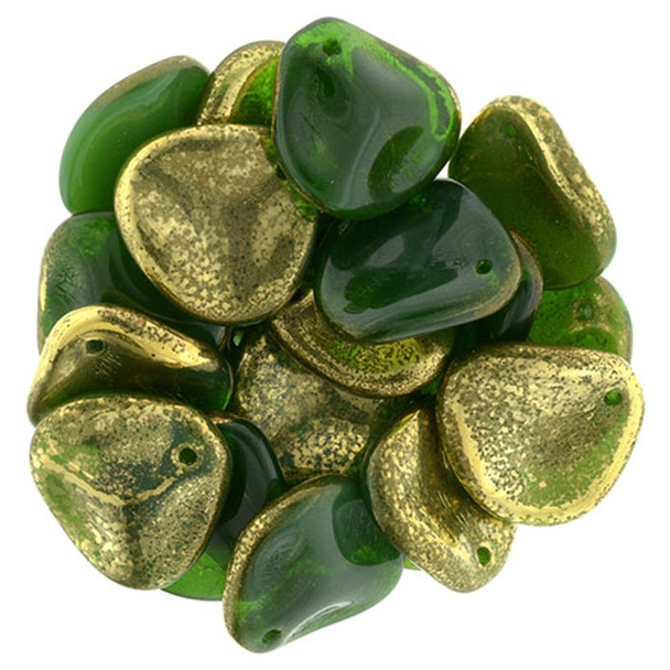 Rose Petal Czech Glass Beads 14x13mm GOLD MILKY EMERALD