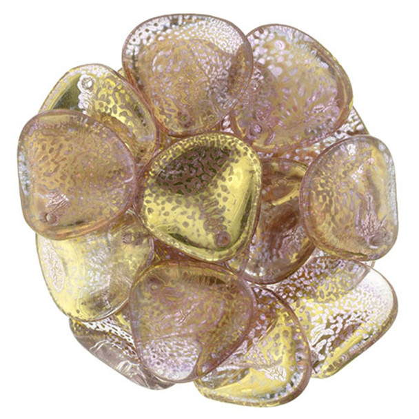Rose Petal Czech Glass Beads 14x13mm GOLD HOT PINK