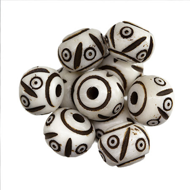 Round Carved Bone Beads 12mm WHITE BEIGE (Pack of 10 pcs)