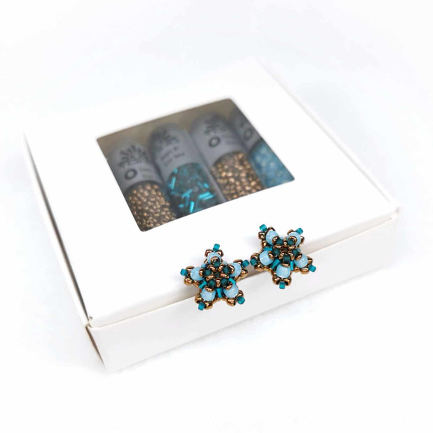 Cosmic Cluster Earrings AURORA TEAL ANTIQUE GOLD Seed Beads Set Beadway Boxes
