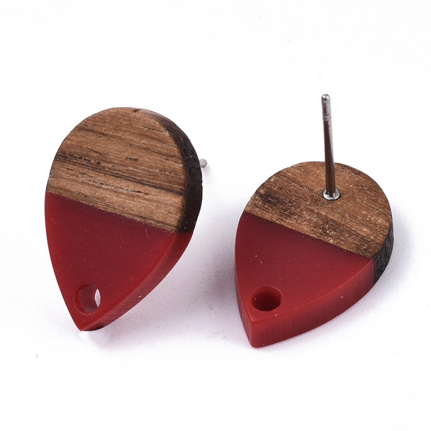 17mm Red RESIN & WOOD TEARDROP EARRING POSTS