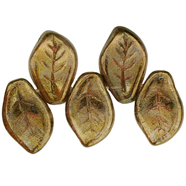 LEAF Czech Glass Beads LUSTER TRANSPARENT GOLD SMOKEY TOPAZ 14x9mm