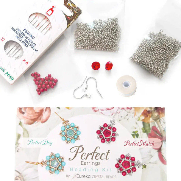Beginner Beading Kit Perfect Match Earrings RED and SILVER beaded earrings DIY