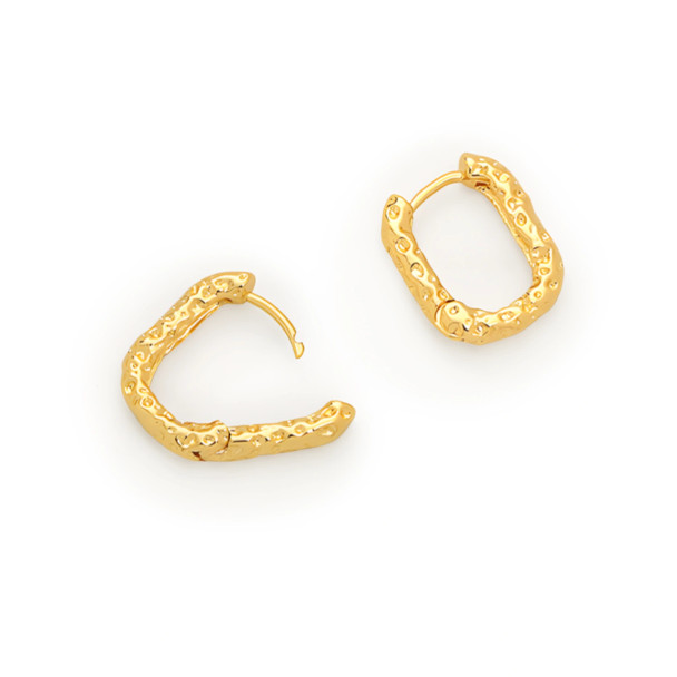 Textured Rounded Rectangle Huggie Hoop Earrings 12mm 18K Gold Plated (1 Pair)