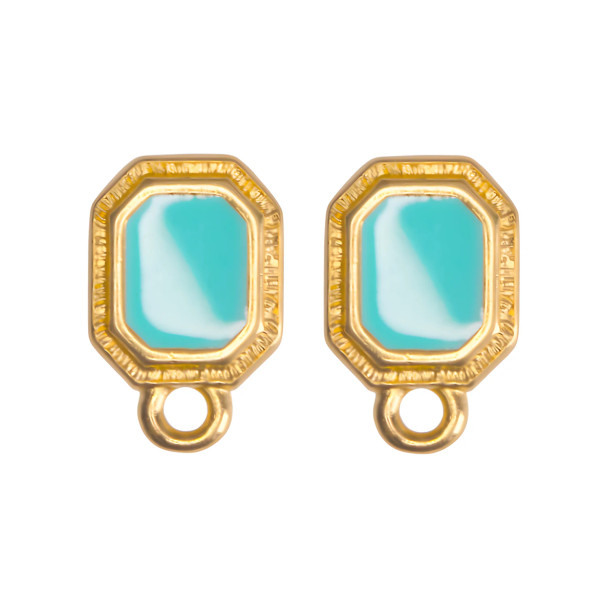 EARRING POSTS w/Ring-Octagon Bermuda Enamel 11mm 24K Gold Plated