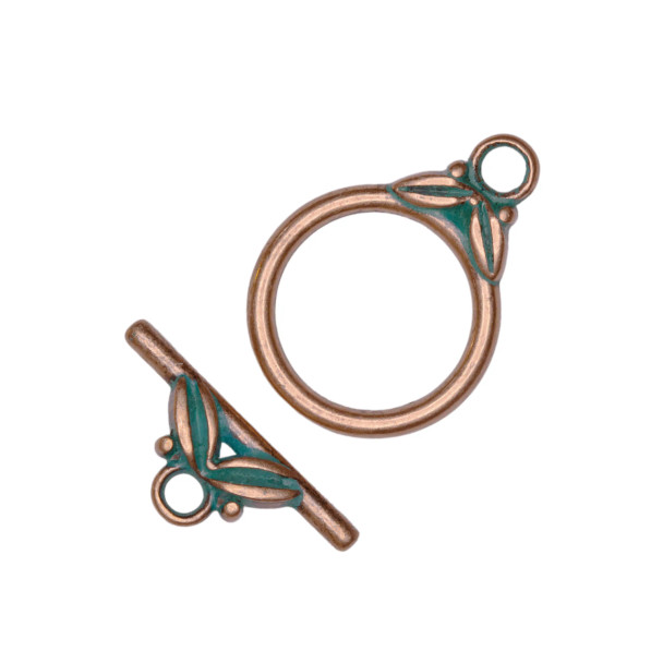 TOGGLE CLASP-Twin Leaf-22x16mm Antique Copper Green Patina