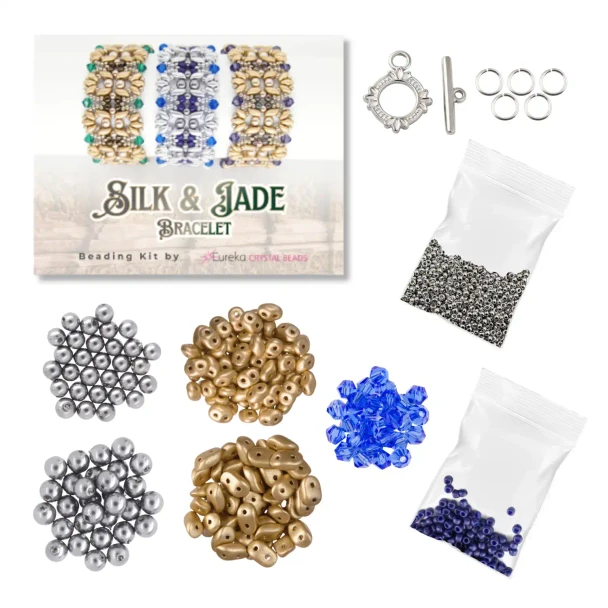 Silk & Jade Bracelet Beading Kit Blue & Silver contents