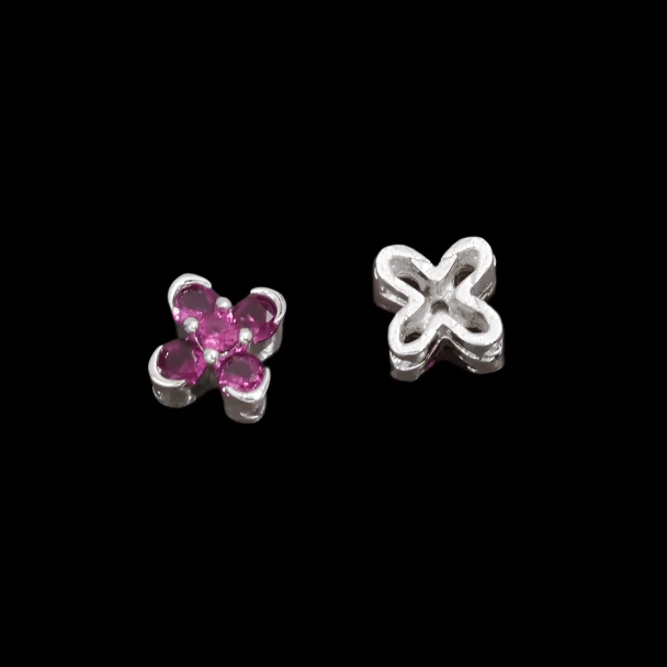 2-Hole 4-Petal Flower Rhinestone Spacer Bead HOT PINK 8mm Silver Plated