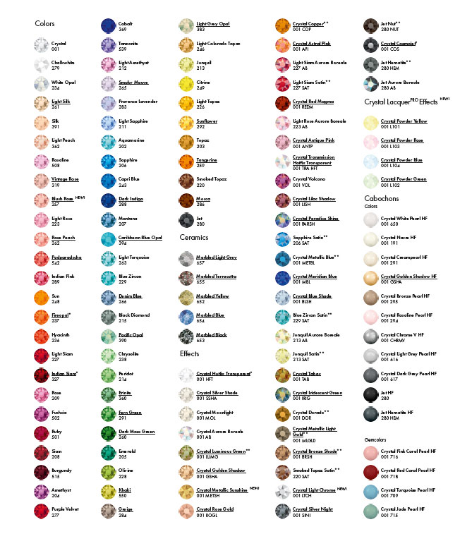 Swarovski Stones Color Chart