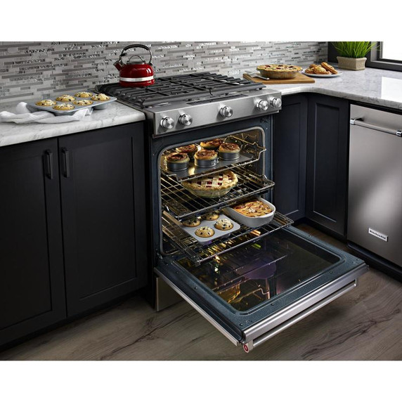 Kitchenaid® 30-Inch 5 Burner Front Control Gas Convection Range with Baking Drawer KSGB900ESS