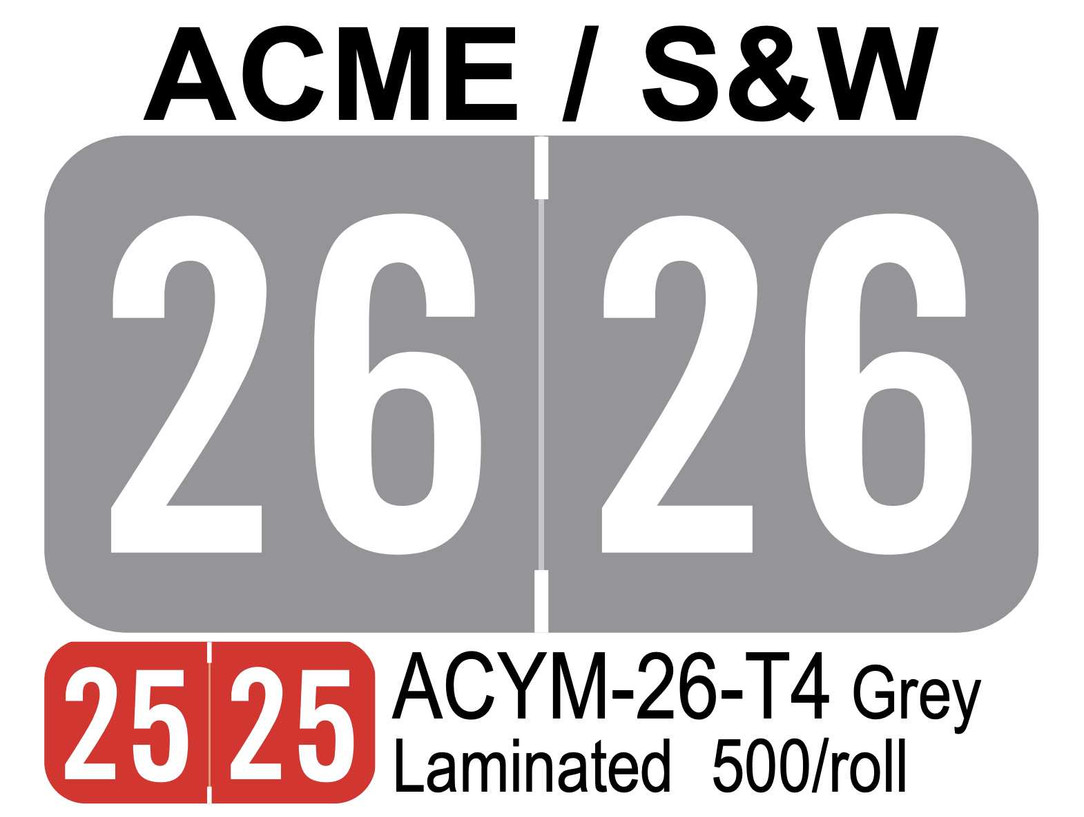 2026 ACME / S&W ACYM-26-T4 Grey Laminated 500/roll Year Labels ACYM-26-T4 First Products