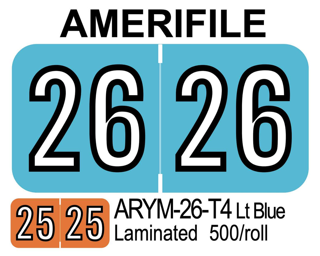 2026 AMERIFILE ARYM-26-T4 Lt Blue Laminated 500/roll Year Labels ARYM-26-T4 First Products