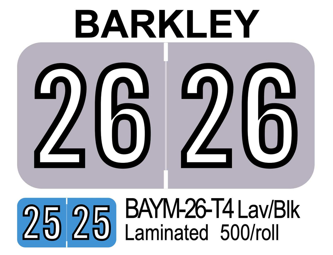 2026 BARKLEY BAYM-26-T4 Lav/Blk Laminated 500/roll Year Labels BAYM-26-T4 First Products