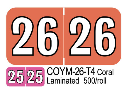 2026 COYM-26-T4 Coral Laminated 500/roll Year Labels COYM-26-T4 First Products