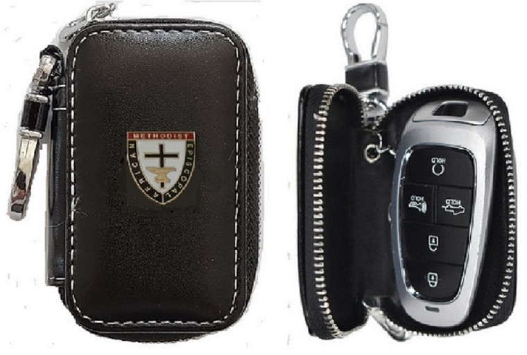 AME  BLACK FAUX LEATHER CAR REMOTE AND KEYS CASE & LAPEL PIN