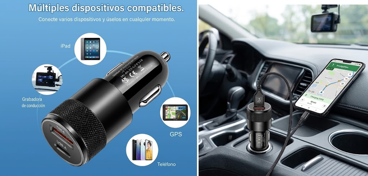 Cargador de Auto / Celular Compacto de Doble Puerto (USB-A y USB-C) 