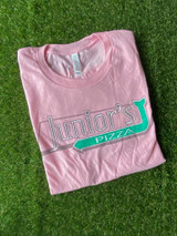 Overview of the pink Junior's Pizza neon sign tee, inspired by 1950s diners