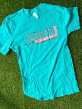 Full view of the teal option for Junior's Pizza neon t shirt, featuring iconic Junior's Pizza neon sign located in Summerhill, Atlanta, GA