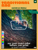 Product cover image: Image says "Traditional Rag: Custom ICC profile" at bottom of image text says "see your exact color before you print: for Ipads + computers" on image contains the words "digital download" written on tape. bottom left contains color blocks for CMYK+RGB inks in 12 colors. Overtop central image a box contains the words: Raw image [line] Icc Profile to show the image split in two with the profile applied and not applied"  

Image contains a photograph of a north American grey squirrel in a tree in full color.