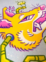 Example image of 3 color risograph art prints. Detail showing how registration may be split. 

 Image is of a Japanese kitsune mask made using Yellow, Blue, & Fluorescent Pink risograph inks printed on white paper with a standard riso border at size 5x7"