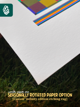 Image: Main: Canson edition etching rag with paper texture & text over stating this is a "seasonally rotated paper" for winter