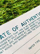 Detail of the type & authenticity statement on  a Certificate of authenticity. Printed in teal risograph ink on textured paper