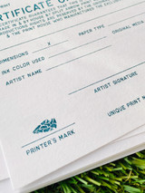 Detail of the printers mark of a Certificate of authenticity. Printed in teal risograph ink on textured paper