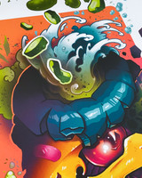 Image of Kappa's head and hair with water/ pickle juice spilling out with pickles in motion.