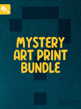 Product image says Mystery Art Print Bundle with dark teal background and yellow text