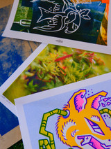 Cropped image of several art prints. Image is featuring many bright colors and grainy textures.  Image serves as an inspiration/ reference to maybe the type of print you may receive. Images present are bottom right corner a yellow fox/ kitsune mask illustration. Top center is a bird line drawing holding a berry plant branch, center image is of plant matter in green, left side is of a nature photograph in blue ink on brown paper covered by the other prints.