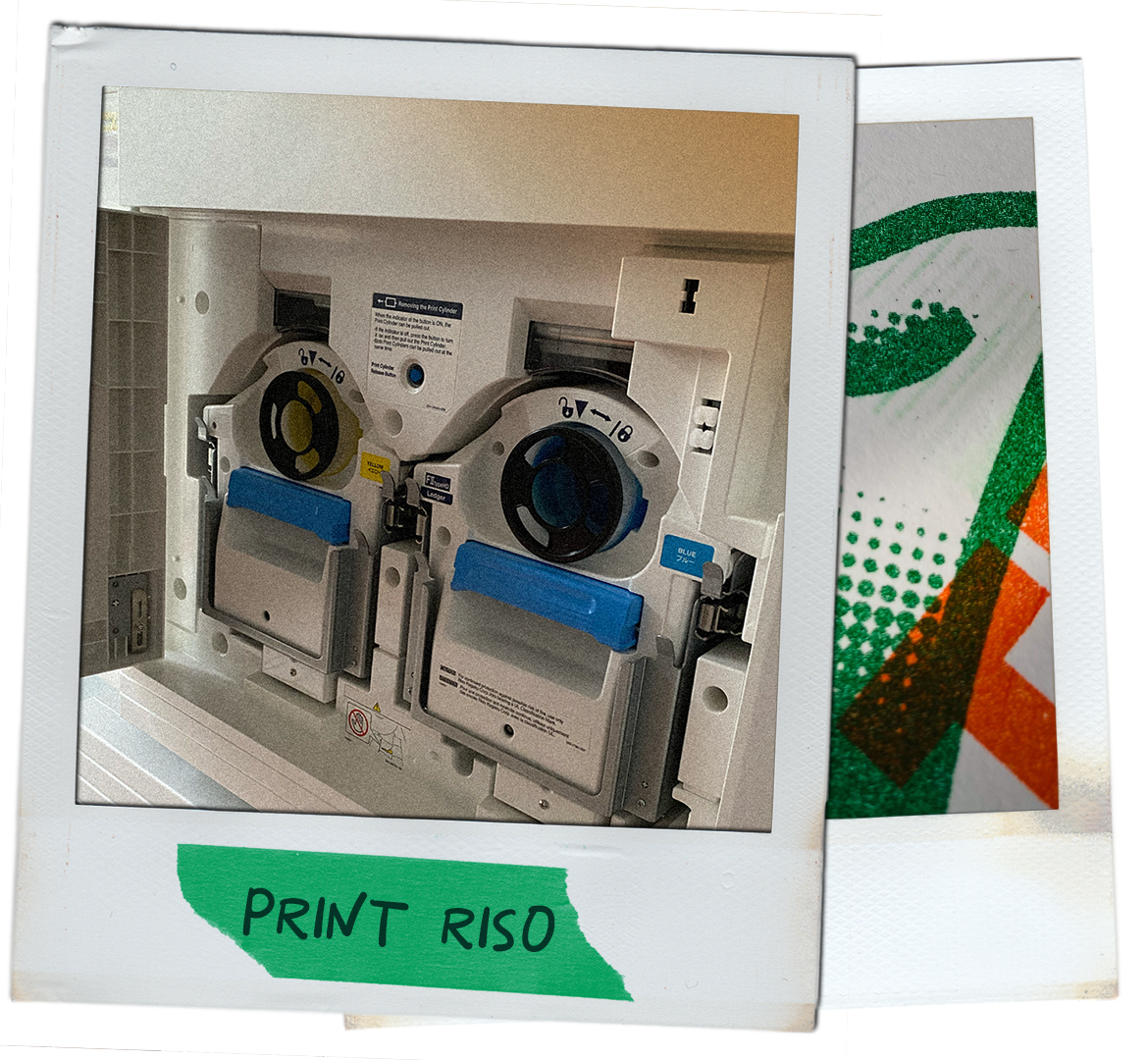 Polaroid image of a two color risograph printer-showing the two color drums yellow + blue inks