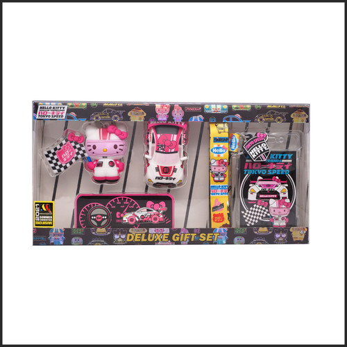 hello kitty racing car tokyo speed themed gift set in a window box.  The set includes two 3D foam bag clips, 2 enamel pins, and a lanyard.