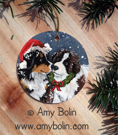 "Christmas Puppy Kisses" Bernese Mountain Dog & Saint Bernard Ceramic Ornament Round