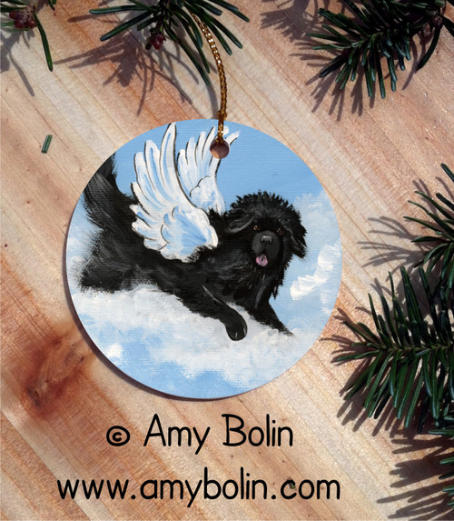 "Playful Angel" Black Newfoundland Ceramic Ornament Round