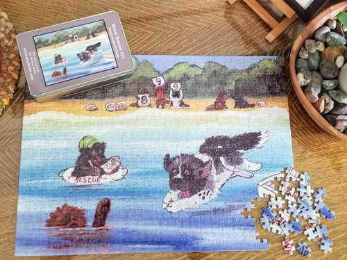 "Water Rescue 101" Black, Brown, Landseer Newfoundland Dogs 500 Piece Puzzle