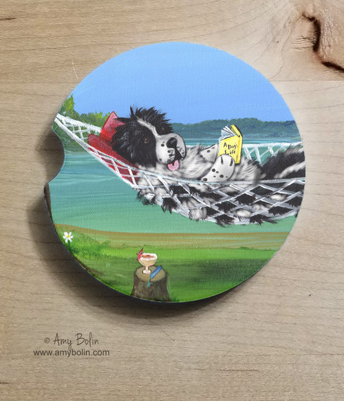 "This Is The Life" Landseer Newfoundland Sandstone Car Coaster